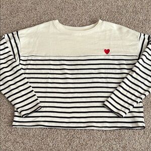 Workshop Republic Clothing Cream and Black Striped Cropped with Red Heart Sz: L